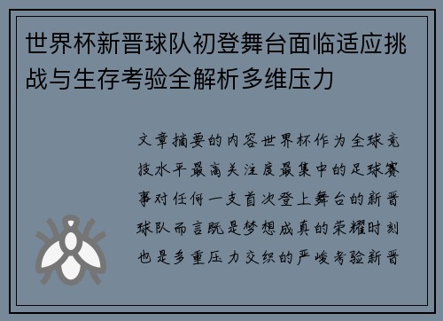 世界杯新晋球队初登舞台面临适应挑战与生存考验全解析多维压力