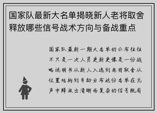 国家队最新大名单揭晓新人老将取舍释放哪些信号战术方向与备战重点